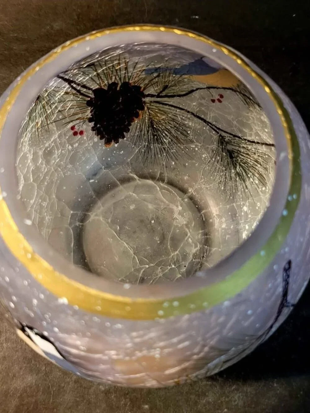 Crackled, Frosted Candle Holder with Chickadee Birds, Pine Cones, Pine Needles